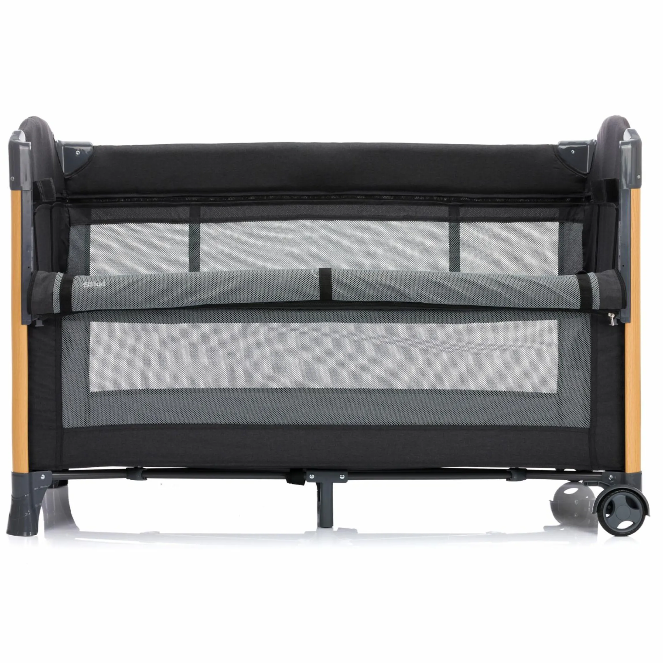 2 in 1 Reisebett & Beistellbett Cadiz in Holzoptik ab Geburt - 9 Monate mit höhenverstellbarem Boden und Rollen 120 x 60 cm - Grau Melange