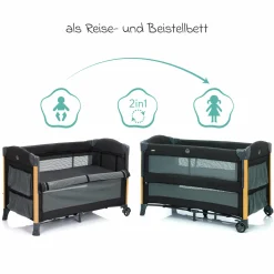 2 in 1 Reisebett & Beistellbett Cadiz in Holzoptik ab Geburt - 9 Monate mit höhenverstellbarem Boden und Rollen 120 x 60 cm - Grau Melange