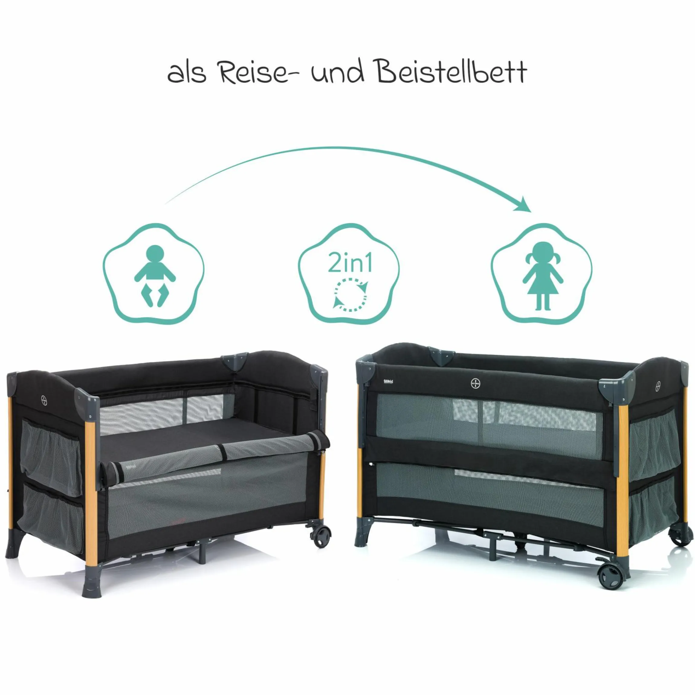 2 in 1 Reisebett & Beistellbett Cadiz in Holzoptik ab Geburt - 9 Monate mit höhenverstellbarem Boden und Rollen 120 x 60 cm - Grau Melange