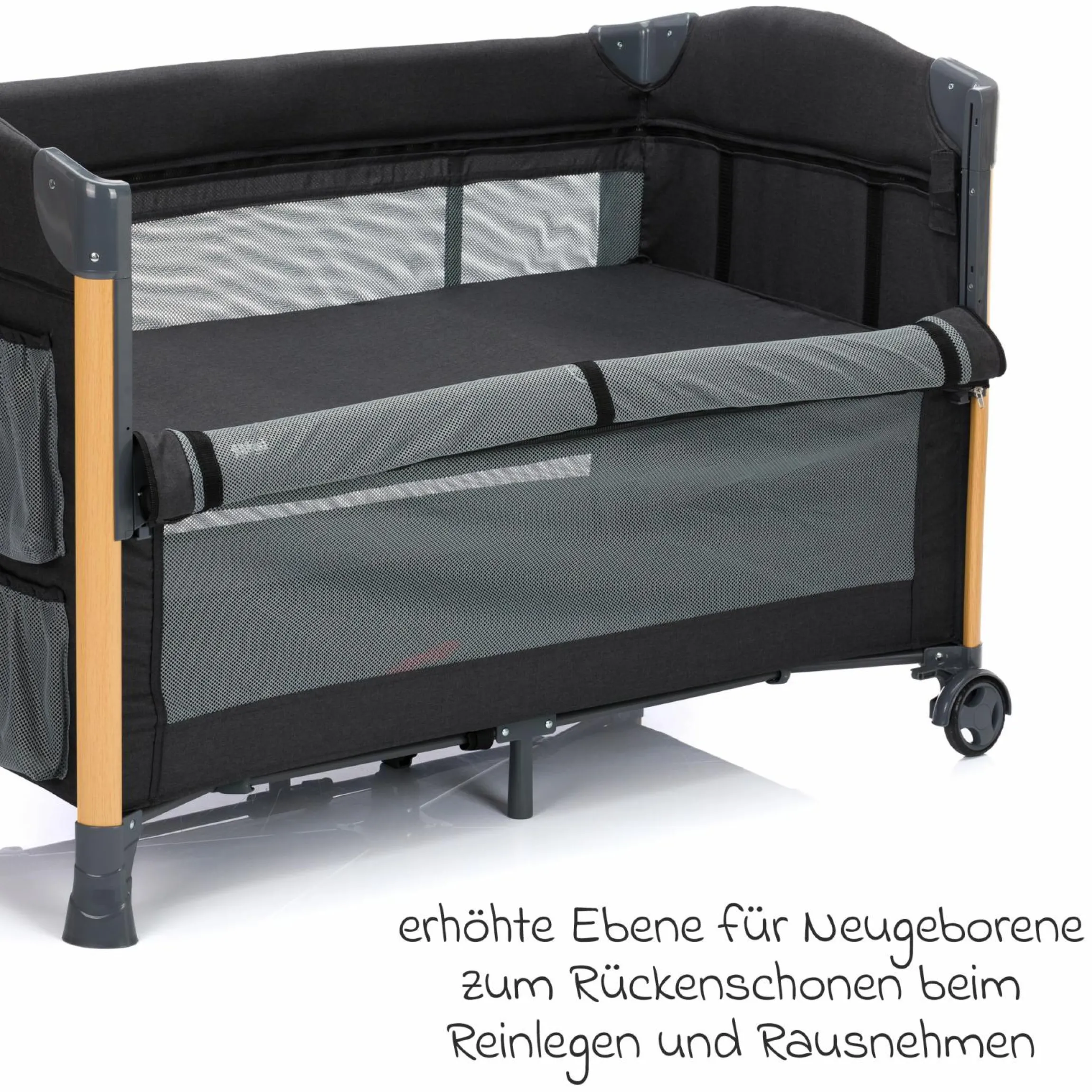 2 in 1 Reisebett & Beistellbett Cadiz in Holzoptik ab Geburt - 9 Monate mit höhenverstellbarem Boden und Rollen 120 x 60 cm - Grau Melange