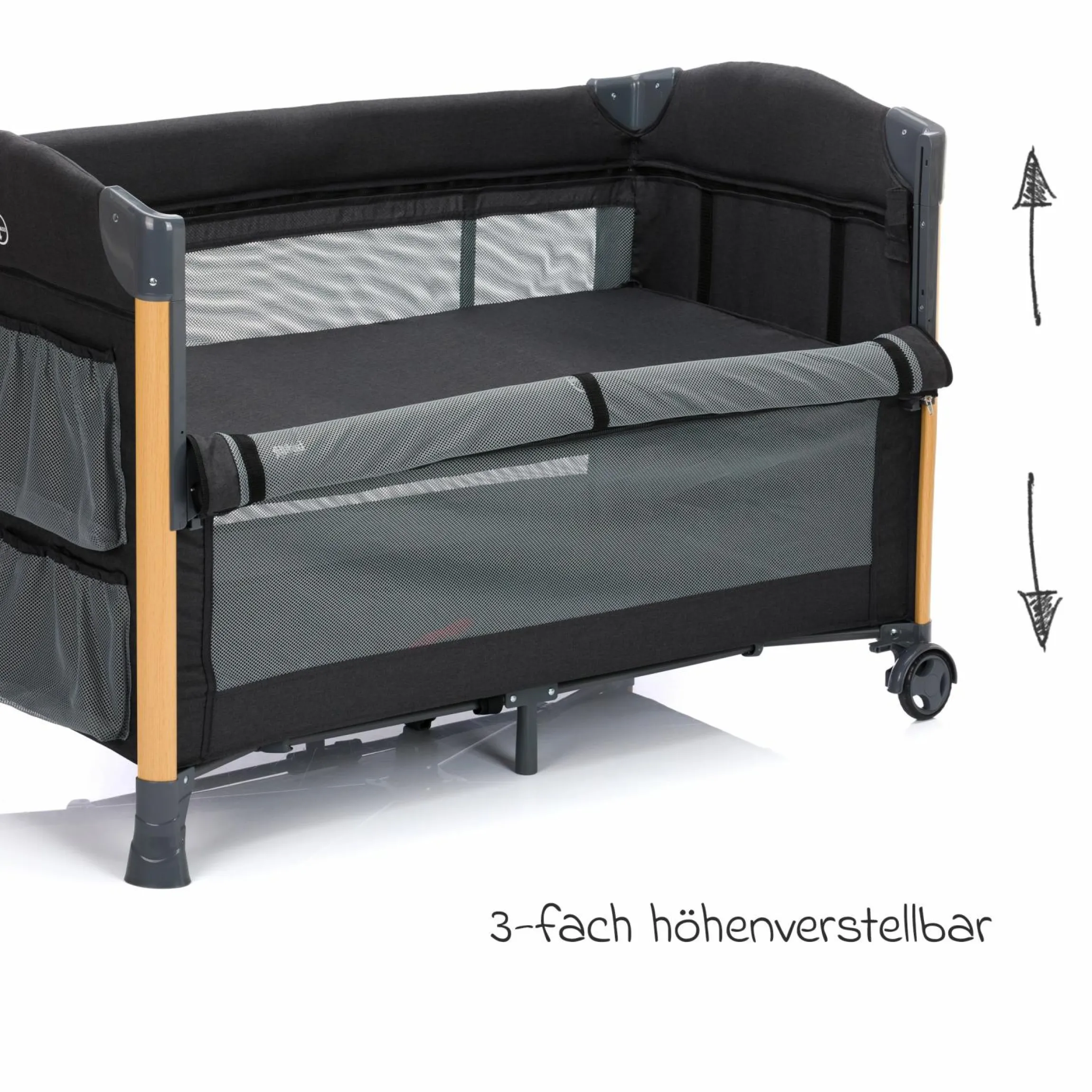 2 in 1 Reisebett & Beistellbett Cadiz in Holzoptik ab Geburt - 9 Monate mit höhenverstellbarem Boden und Rollen 120 x 60 cm - Grau Melange
