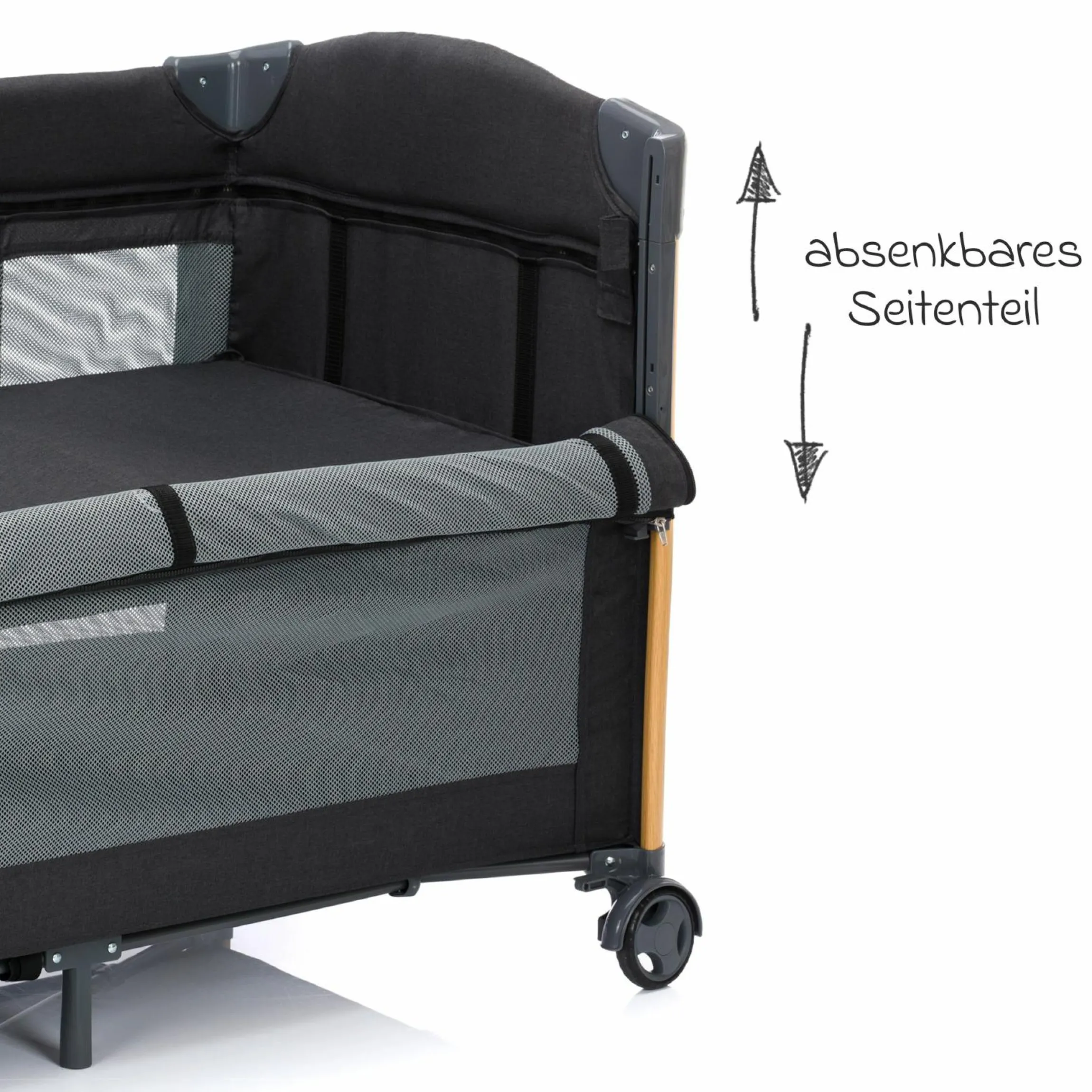 2 in 1 Reisebett & Beistellbett Cadiz in Holzoptik ab Geburt - 9 Monate mit höhenverstellbarem Boden und Rollen 120 x 60 cm - Grau Melange