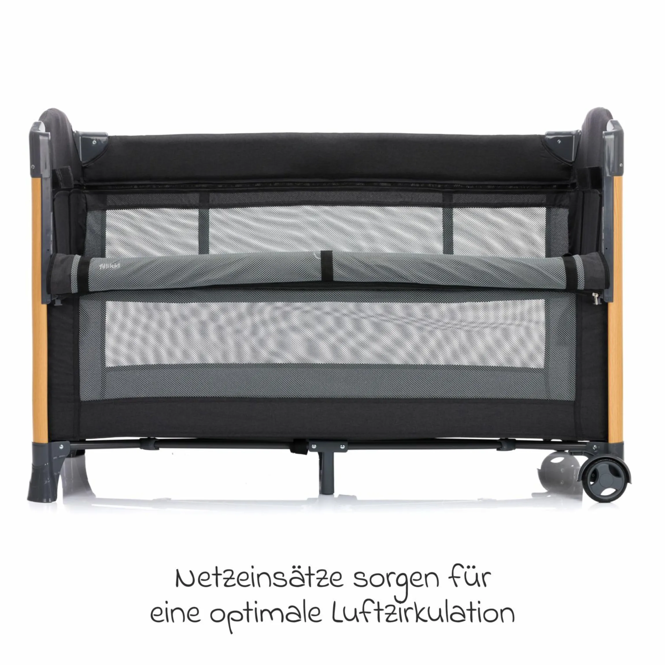 2 in 1 Reisebett & Beistellbett Cadiz in Holzoptik ab Geburt - 9 Monate mit höhenverstellbarem Boden und Rollen 120 x 60 cm - Grau Melange