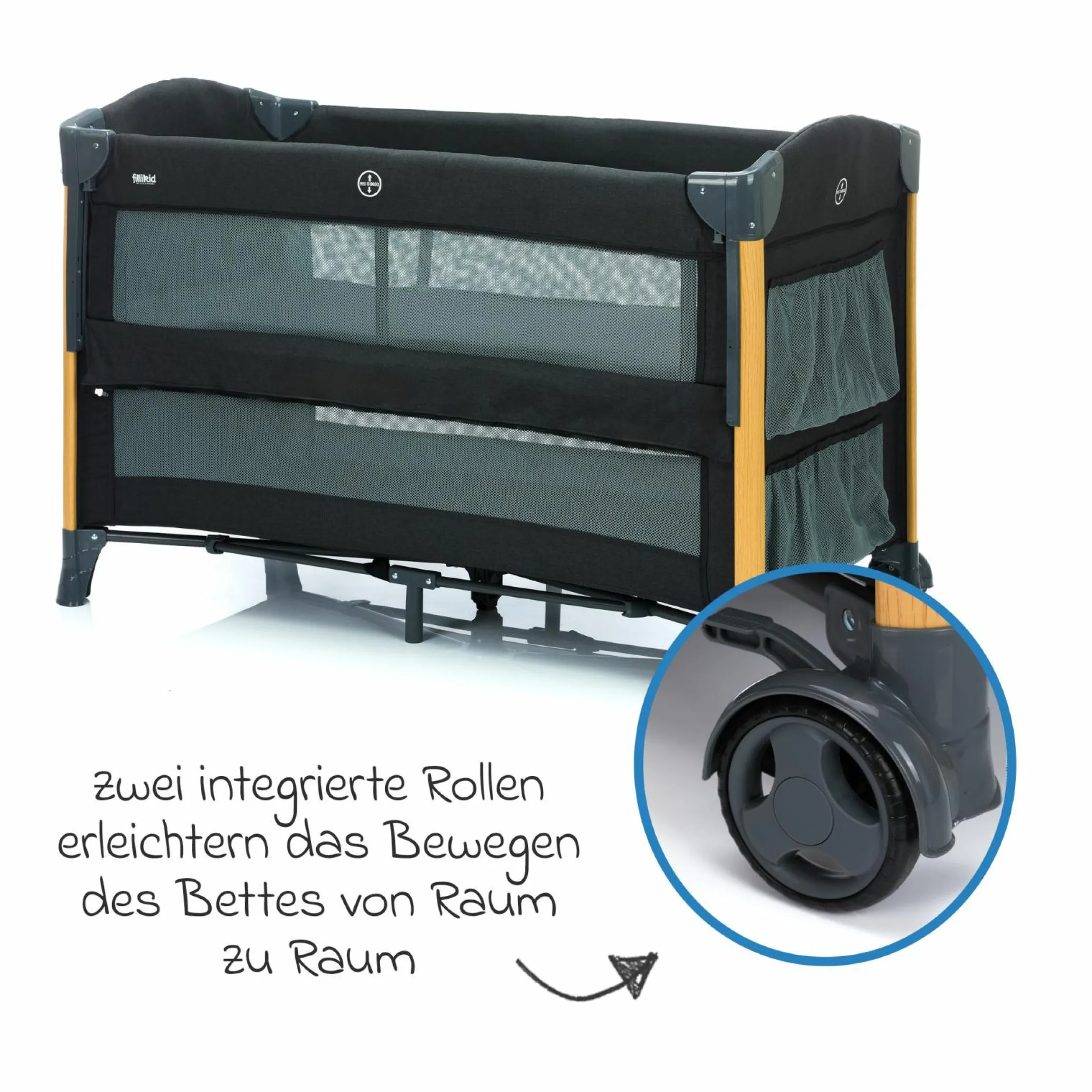 2 in 1 Reisebett & Beistellbett Cadiz in Holzoptik ab Geburt - 9 Monate mit höhenverstellbarem Boden und Rollen 120 x 60 cm - Grau Melange