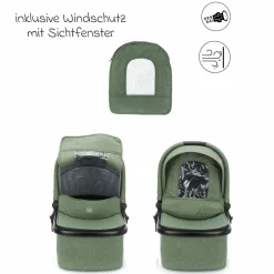 3-1 Kombi-Kinderwagen-Set Fill Jaguar mit Sportsitz, Babywanne & Matratze, Babyschale, Wickeltasche & Wickelauflage, Adapter, Getränkehalter, Regen- & Insektenschutz - Grün Melange