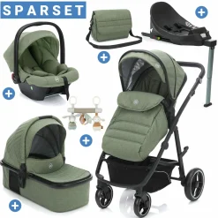 4-1 Kombi-Kinderwagen-Set Fill Jaguar mit Sportsitz, Babywanne & Matratze, Babyschale, Isofix-Basis, Wickeltasche & Wickelauflage, Adapter, Trapez, Regen- & Insektenschutz - Grün Melange