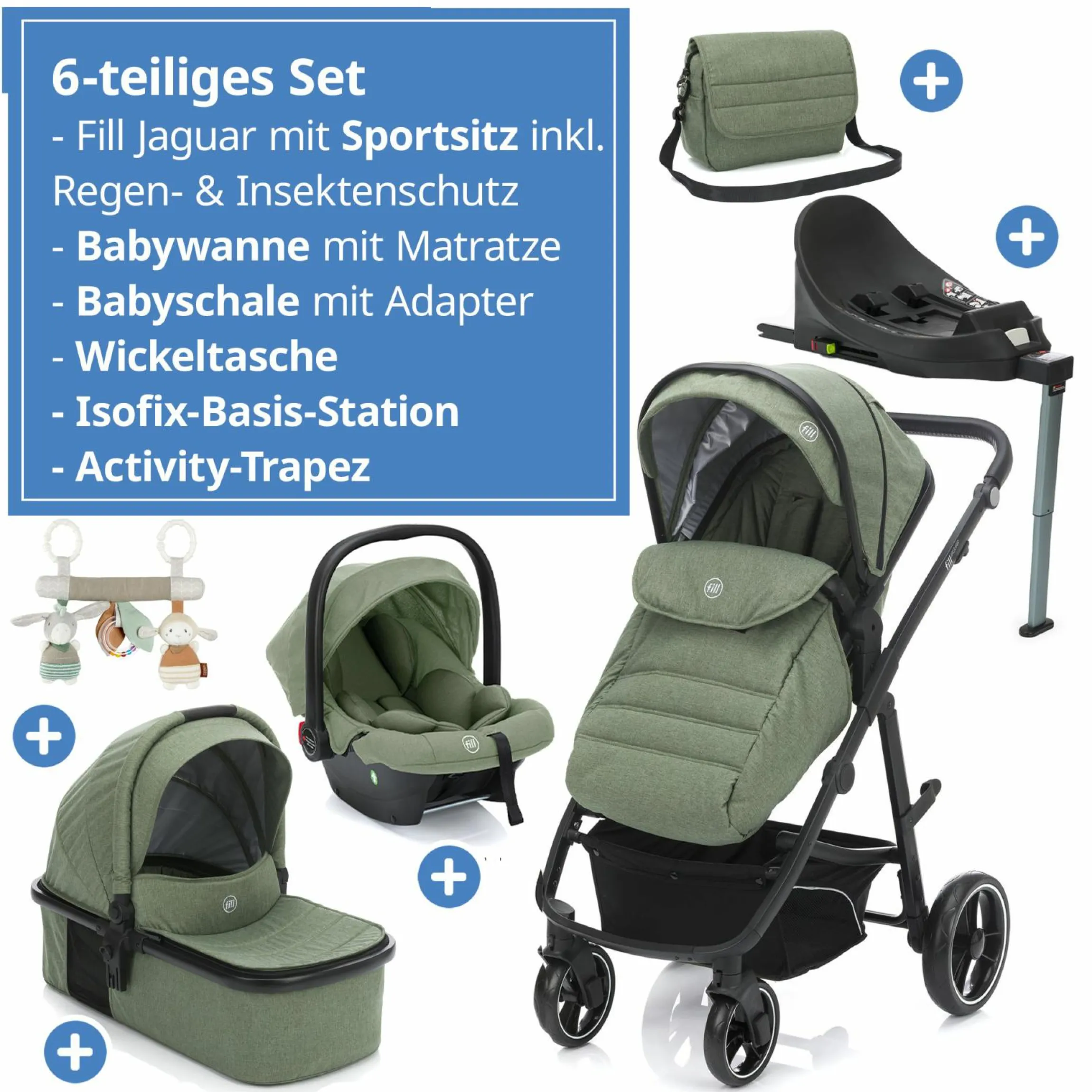 4-1 Kombi-Kinderwagen-Set Fill Jaguar mit Sportsitz, Babywanne & Matratze, Babyschale, Isofix-Basis, Wickeltasche & Wickelauflage, Adapter, Trapez, Regen- & Insektenschutz - Grün Melange