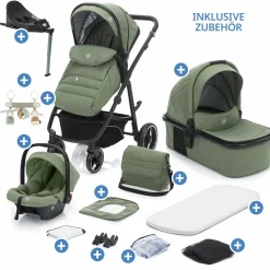 4-1 Kombi-Kinderwagen-Set Fill Jaguar mit Sportsitz, Babywanne & Matratze, Babyschale, Isofix-Basis, Wickeltasche & Wickelauflage, Adapter, Trapez, Regen- & Insektenschutz - Grün Melange