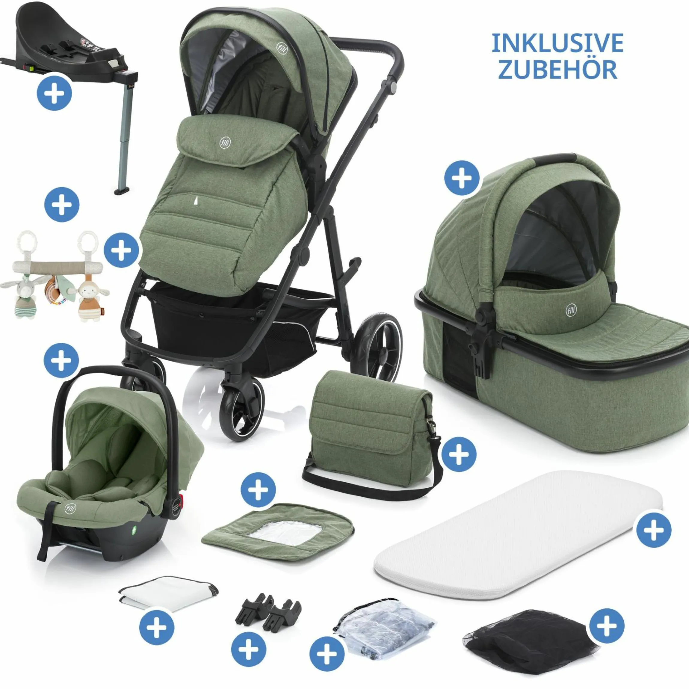 4-1 Kombi-Kinderwagen-Set Fill Jaguar mit Sportsitz, Babywanne & Matratze, Babyschale, Isofix-Basis, Wickeltasche & Wickelauflage, Adapter, Trapez, Regen- & Insektenschutz - Grün Melange