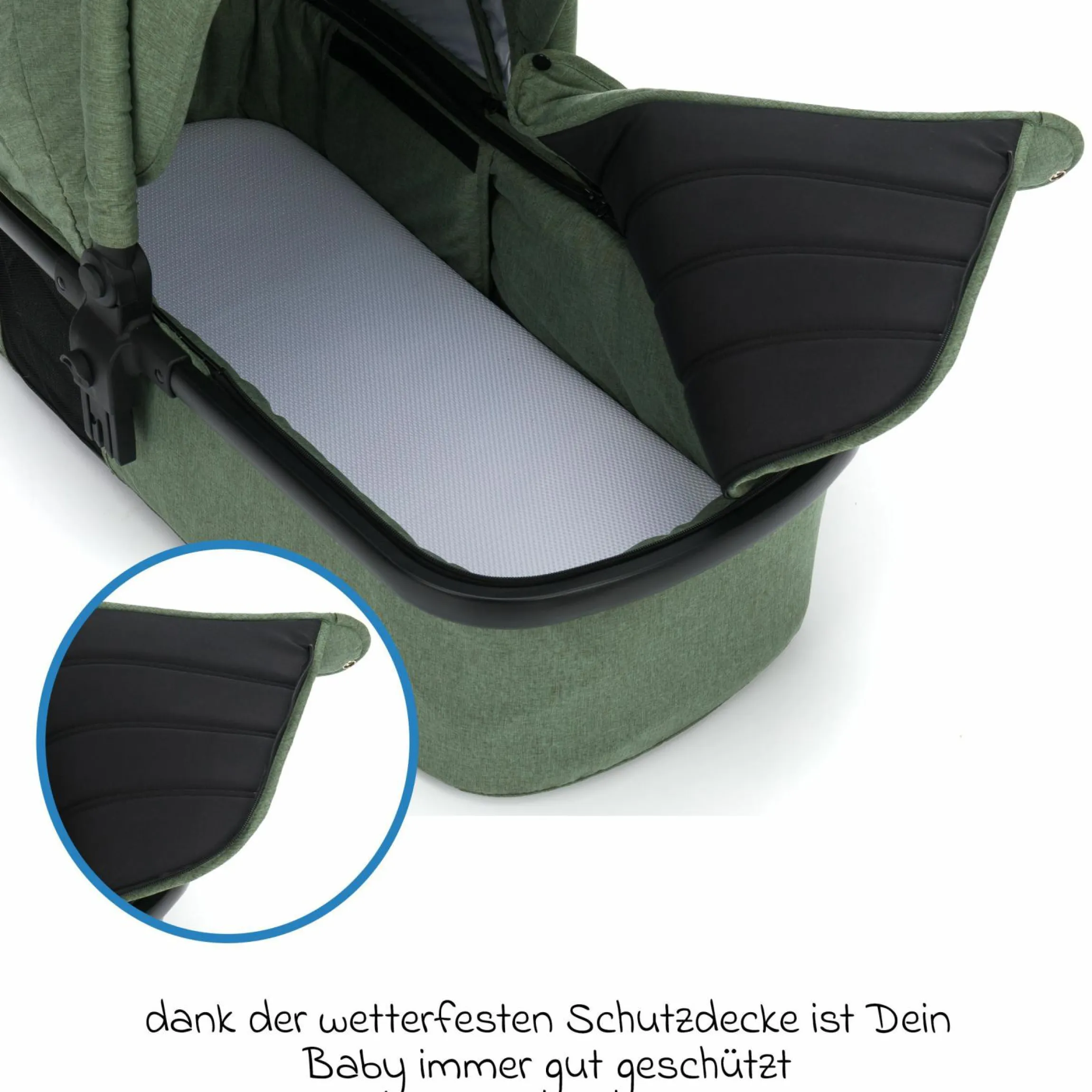 4-1 Kombi-Kinderwagen-Set Fill Jaguar mit Sportsitz, Babywanne & Matratze, Babyschale, Isofix-Basis, Wickeltasche & Wickelauflage, Adapter, Trapez, Regen- & Insektenschutz - Grün Melange