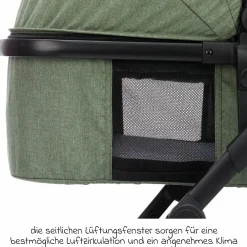 4-1 Kombi-Kinderwagen-Set Fill Jaguar mit Sportsitz, Babywanne & Matratze, Babyschale, Isofix-Basis, Wickeltasche & Wickelauflage, Adapter, Trapez, Regen- & Insektenschutz - Grün Melange