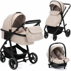 3-1 Kombi-Kinderwagen-Set Fill Jaguar mit Sportsitz, Babywanne mit Matratze, Babyschale, Wickeltasche mit Wickelauflage, Adapter, Regenschutz & Insektenschutz - Sand