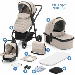 3-1 Kombi-Kinderwagen-Set Fill Jaguar mit Sportsitz, Babywanne mit Matratze, Babyschale, Wickeltasche mit Wickelauflage, Adapter, Regenschutz & Insektenschutz - Sand