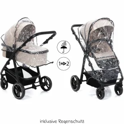3-1 Kombi-Kinderwagen-Set Fill Jaguar mit Sportsitz, Babywanne mit Matratze, Babyschale, Wickeltasche mit Wickelauflage, Adapter, Regenschutz & Insektenschutz - Sand
