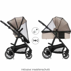 3-1 Kombi-Kinderwagen-Set Fill Jaguar mit Sportsitz, Babywanne mit Matratze, Babyschale, Wickeltasche mit Wickelauflage, Adapter, Regenschutz & Insektenschutz - Sand