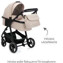 3-1 Kombi-Kinderwagen-Set Fill Jaguar mit Sportsitz, Babywanne mit Matratze, Babyschale, Wickeltasche mit Wickelauflage, Adapter, Regenschutz & Insektenschutz - Sand
