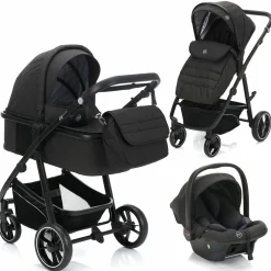 3-1 Kombi-Kinderwagen-Set Fill Jaguar mit Sportsitz, Babywanne mit Matratze, Babyschale, Wickeltasche mit Wickelauflage, Adapter, Regenschutz & Insektenschutz - Dunkelgrau Melange