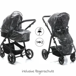 3-1 Kombi-Kinderwagen-Set Fill Jaguar mit Sportsitz, Babywanne mit Matratze, Babyschale, Wickeltasche mit Wickelauflage, Adapter, Regenschutz & Insektenschutz - Dunkelgrau Melange