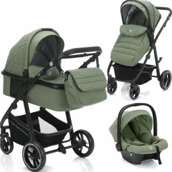 3-1 Kombi-Kinderwagen-Set Fill Jaguar mit Sportsitz, Babywanne mit Matratze, Babyschale, Wickeltasche mit Wickelauflage, Adapter, Regenschutz & Insektenschutz - Grün Melange
