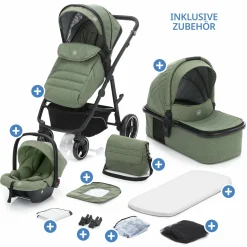 3-1 Kombi-Kinderwagen-Set Fill Jaguar mit Sportsitz, Babywanne mit Matratze, Babyschale, Wickeltasche mit Wickelauflage, Adapter, Regenschutz & Insektenschutz - Grün Melange