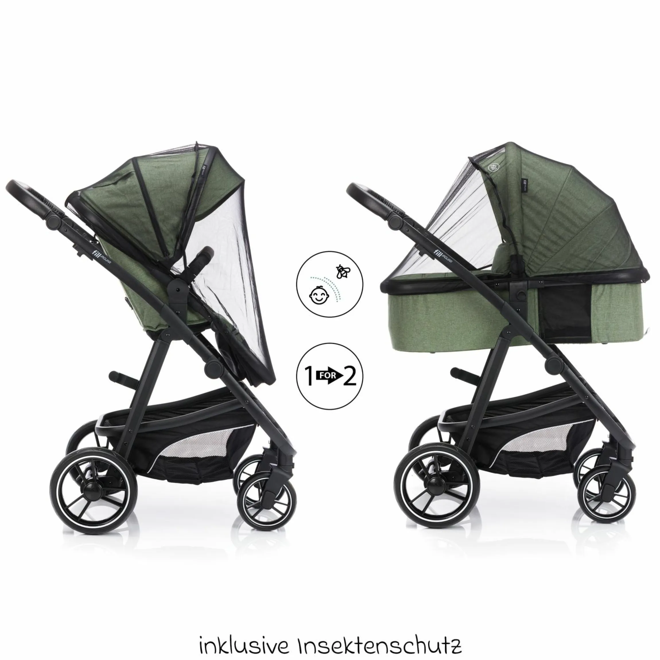 3-1 Kombi-Kinderwagen-Set Fill Jaguar mit Sportsitz, Babywanne mit Matratze, Babyschale, Wickeltasche mit Wickelauflage, Adapter, Regenschutz & Insektenschutz - Grün Melange