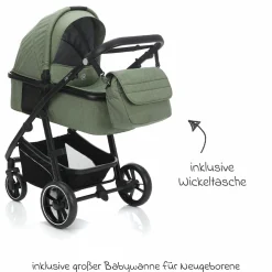 3-1 Kombi-Kinderwagen-Set Fill Jaguar mit Sportsitz, Babywanne mit Matratze, Babyschale, Wickeltasche mit Wickelauflage, Adapter, Regenschutz & Insektenschutz - Grün Melange