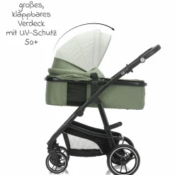 3-1 Kombi-Kinderwagen-Set Fill Jaguar mit Sportsitz, Babywanne mit Matratze, Babyschale, Wickeltasche mit Wickelauflage, Adapter, Regenschutz & Insektenschutz - Grün Melange