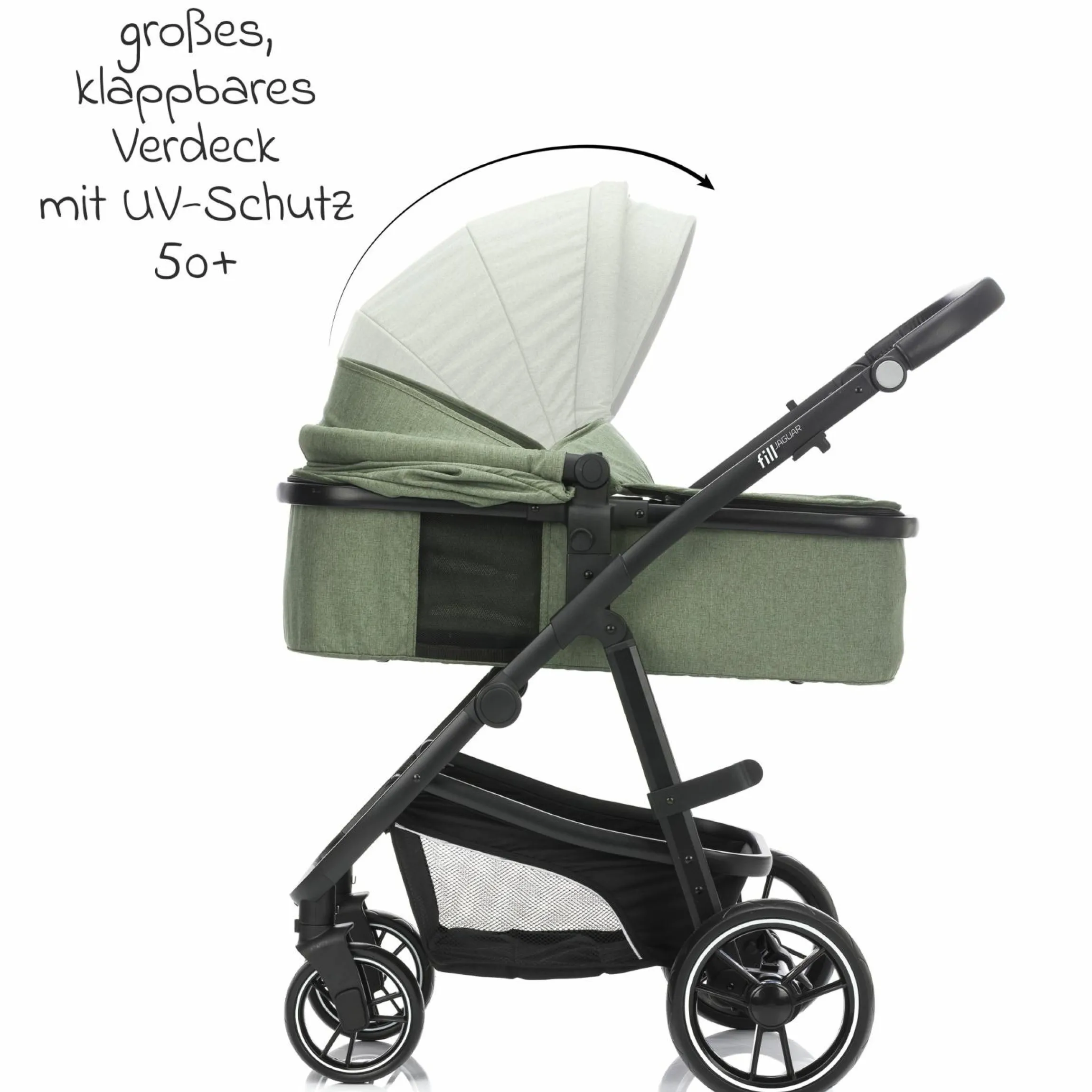 3-1 Kombi-Kinderwagen-Set Fill Jaguar mit Sportsitz, Babywanne mit Matratze, Babyschale, Wickeltasche mit Wickelauflage, Adapter, Regenschutz & Insektenschutz - Grün Melange