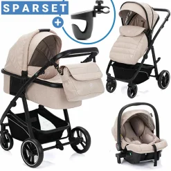 3-1 Kombi-Kinderwagen-Set Fill Jaguar mit Sportsitz, Babywanne & Matratze, Babyschale, Wickeltasche & Wickelauflage, Adapter, Getränkehalter, Regen- & Insektenschutz - Sand