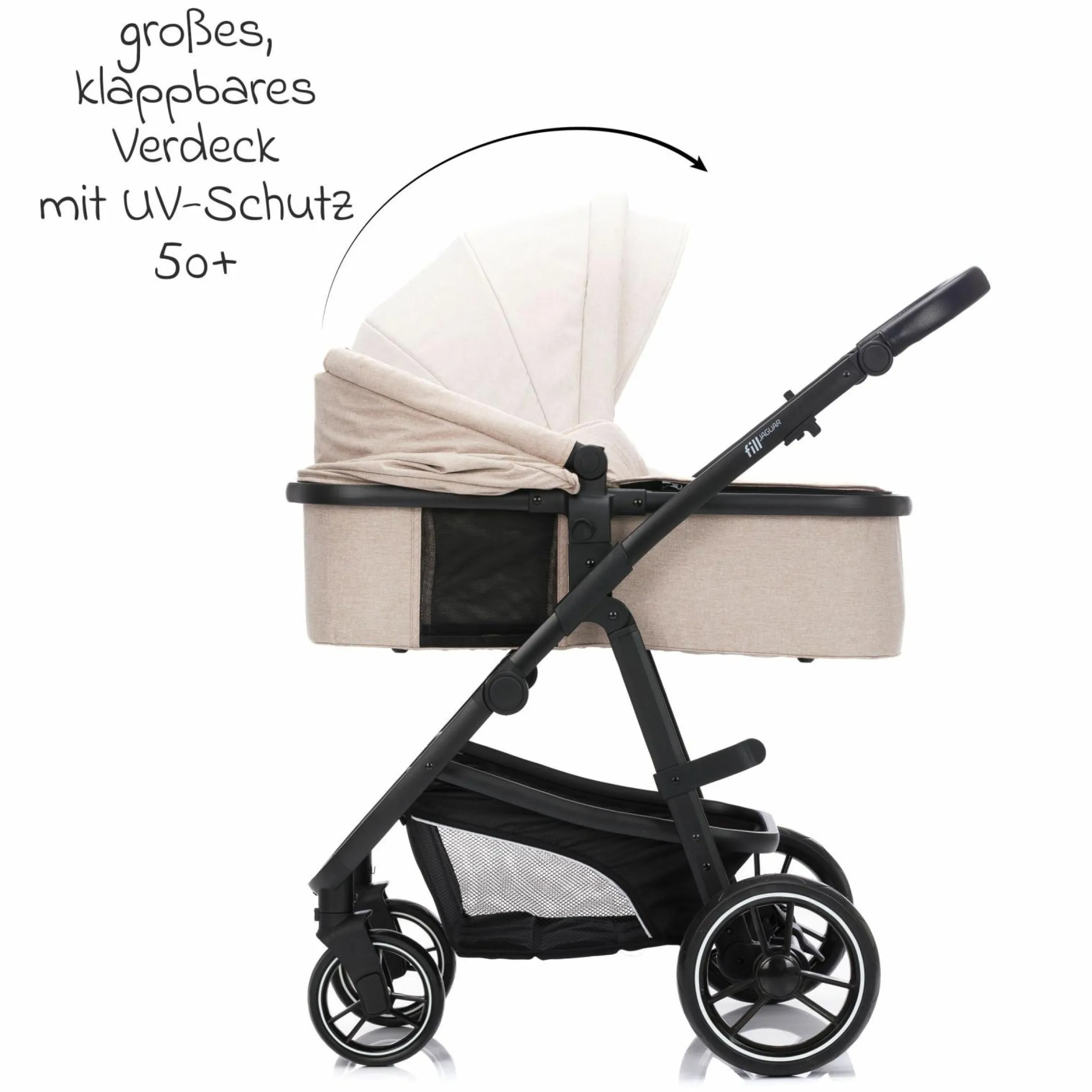 3-1 Kombi-Kinderwagen-Set Fill Jaguar mit Sportsitz, Babywanne & Matratze, Babyschale, Wickeltasche & Wickelauflage, Adapter, Getränkehalter, Regen- & Insektenschutz - Sand