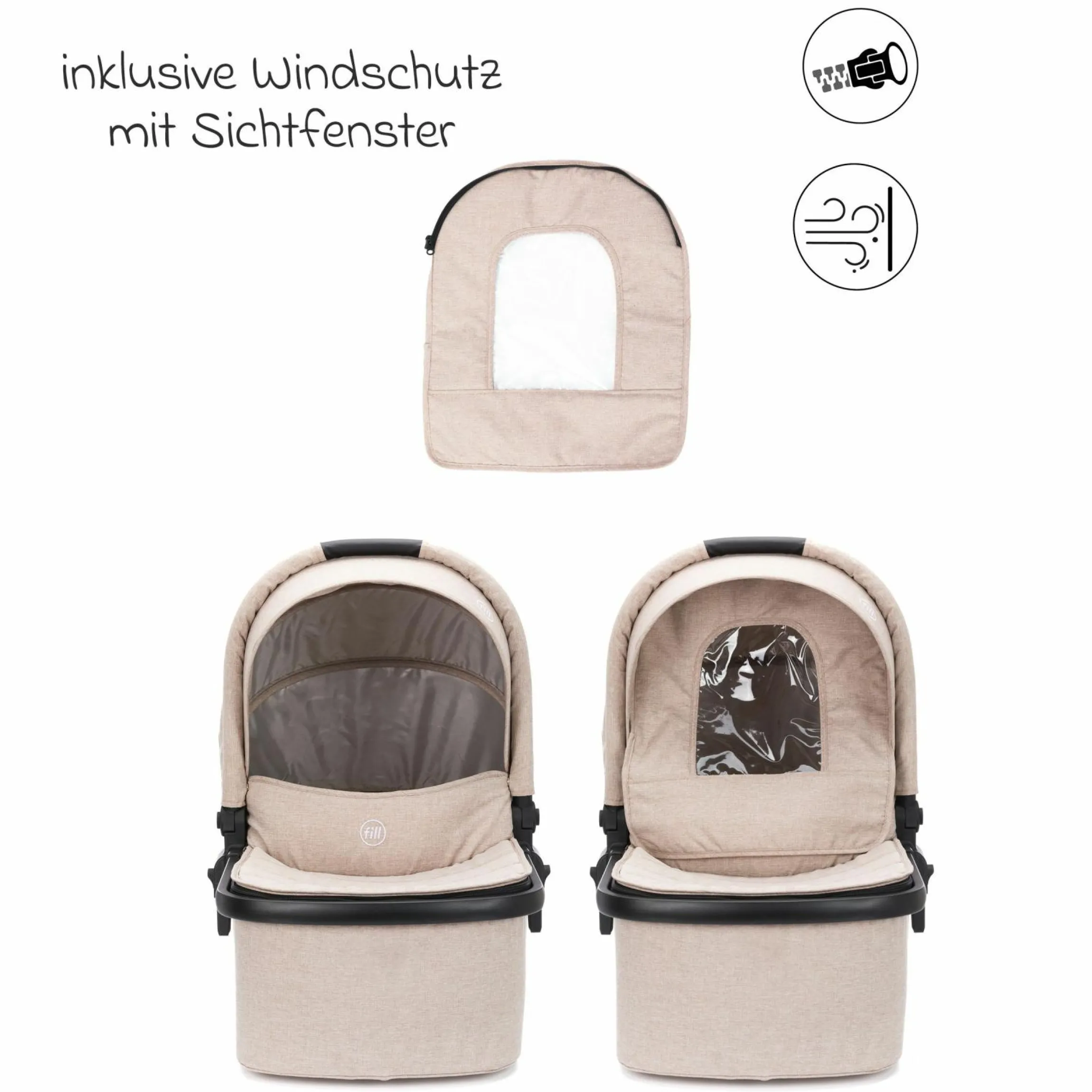 3-1 Kombi-Kinderwagen-Set Fill Jaguar mit Sportsitz, Babywanne & Matratze, Babyschale, Wickeltasche & Wickelauflage, Adapter, Getränkehalter, Regen- & Insektenschutz - Sand