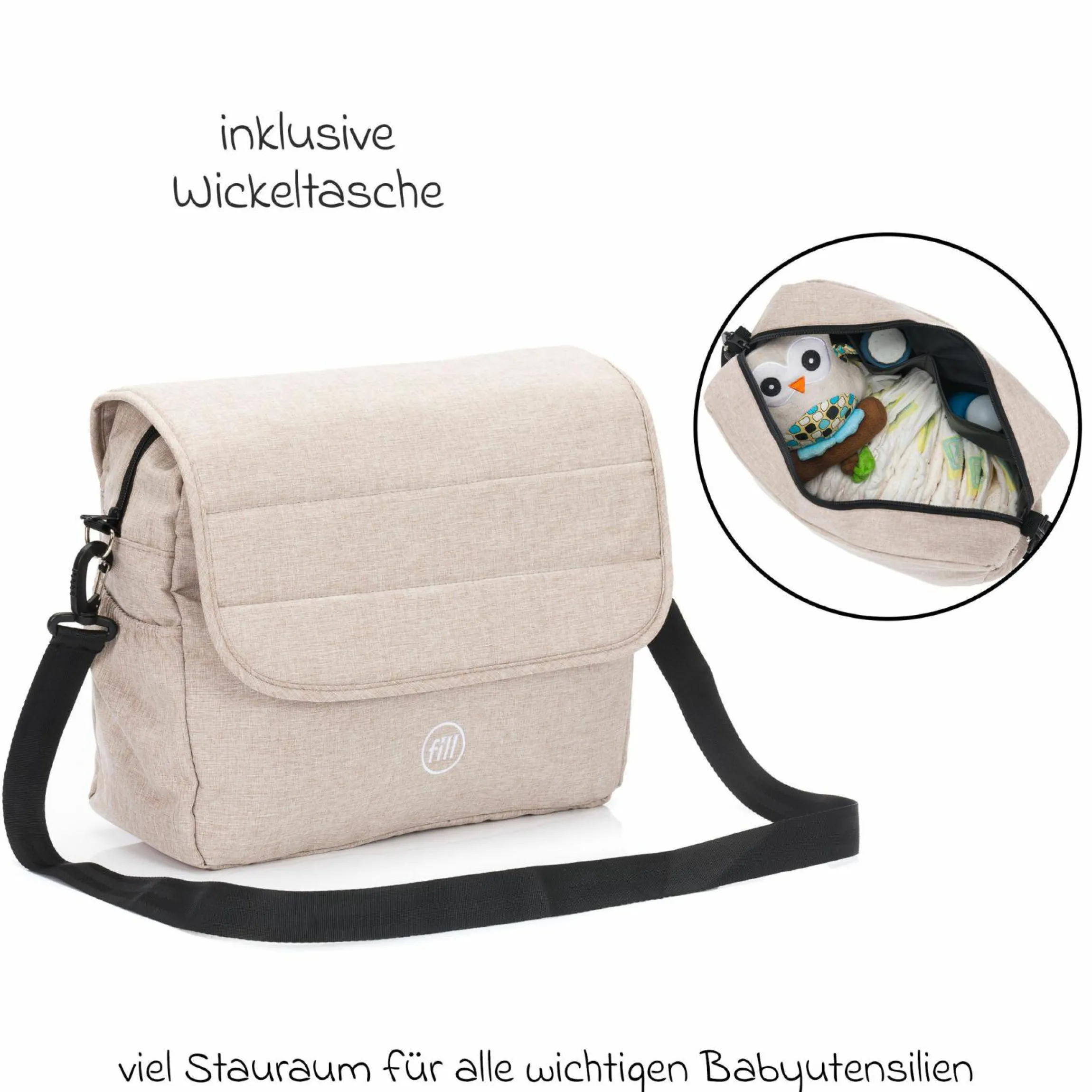 3-1 Kombi-Kinderwagen-Set Fill Jaguar mit Sportsitz, Babywanne & Matratze, Babyschale, Wickeltasche & Wickelauflage, Adapter, Getränkehalter, Regen- & Insektenschutz - Sand