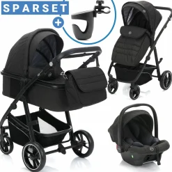 3-1 Kombi-Kinderwagen-Set Fill Jaguar mit Sportsitz, Babywanne & Matratze, Babyschale, Wickeltasche & Wickelauflage, Getränkehalter, Regen- & Insektenschutz - Dunkelgrau Melange