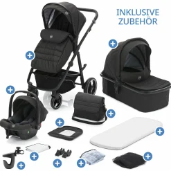 3-1 Kombi-Kinderwagen-Set Fill Jaguar mit Sportsitz, Babywanne & Matratze, Babyschale, Wickeltasche & Wickelauflage, Getränkehalter, Regen- & Insektenschutz - Dunkelgrau Melange