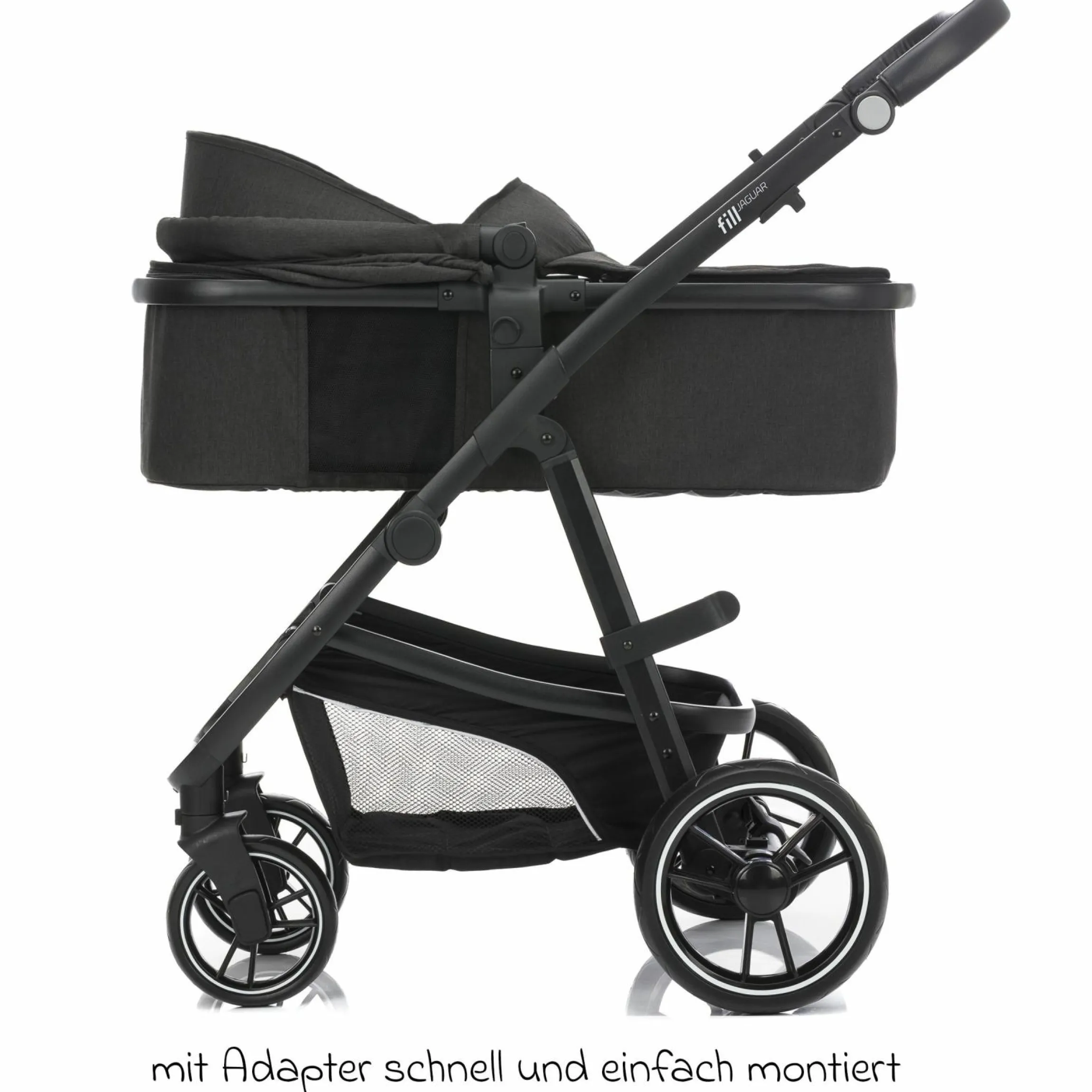 3-1 Kombi-Kinderwagen-Set Fill Jaguar mit Sportsitz, Babywanne & Matratze, Babyschale, Wickeltasche & Wickelauflage, Getränkehalter, Regen- & Insektenschutz - Dunkelgrau Melange