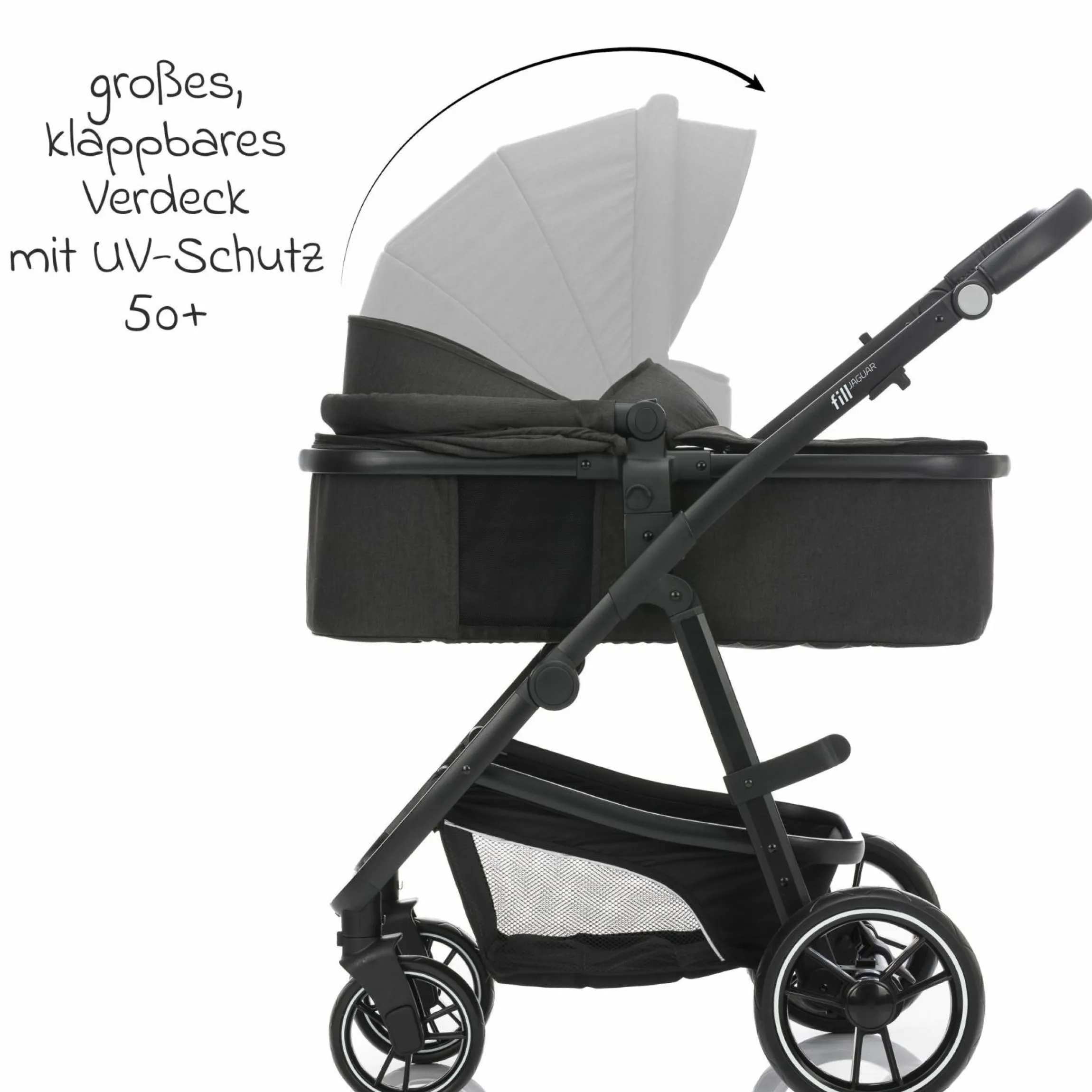 3-1 Kombi-Kinderwagen-Set Fill Jaguar mit Sportsitz, Babywanne & Matratze, Babyschale, Wickeltasche & Wickelauflage, Getränkehalter, Regen- & Insektenschutz - Dunkelgrau Melange