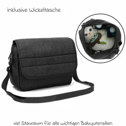 3-1 Kombi-Kinderwagen-Set Fill Jaguar mit Sportsitz, Babywanne & Matratze, Babyschale, Wickeltasche & Wickelauflage, Getränkehalter, Regen- & Insektenschutz - Dunkelgrau Melange