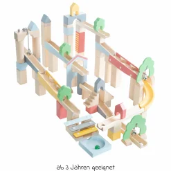 80- tlg. Kugelbahn 60-teilige Grundausstattung + 20-teiliges Ergänzungsset inkl. 11 Glasmurmeln - Natur / farbig lackiert
