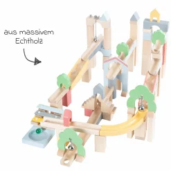 80- tlg. Kugelbahn 60-teilige Grundausstattung + 20-teiliges Ergänzungsset inkl. 11 Glasmurmeln - Natur / farbig lackiert