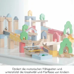 80- tlg. Kugelbahn 60-teilige Grundausstattung + 20-teiliges Ergänzungsset inkl. 11 Glasmurmeln - Natur / farbig lackiert