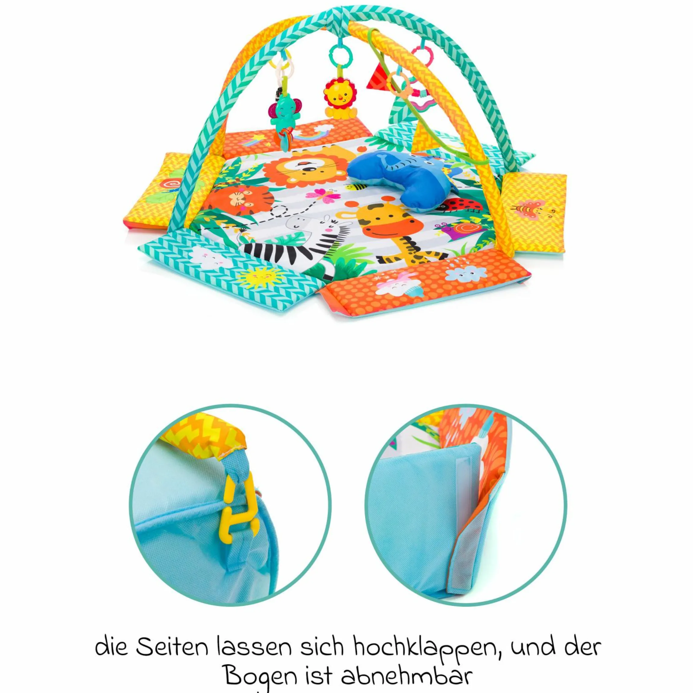 Aktivbogen-Spielmatte mit 30 Bällen, 4 Greiffiguren & Polster 120 x 100 cm - Bunt