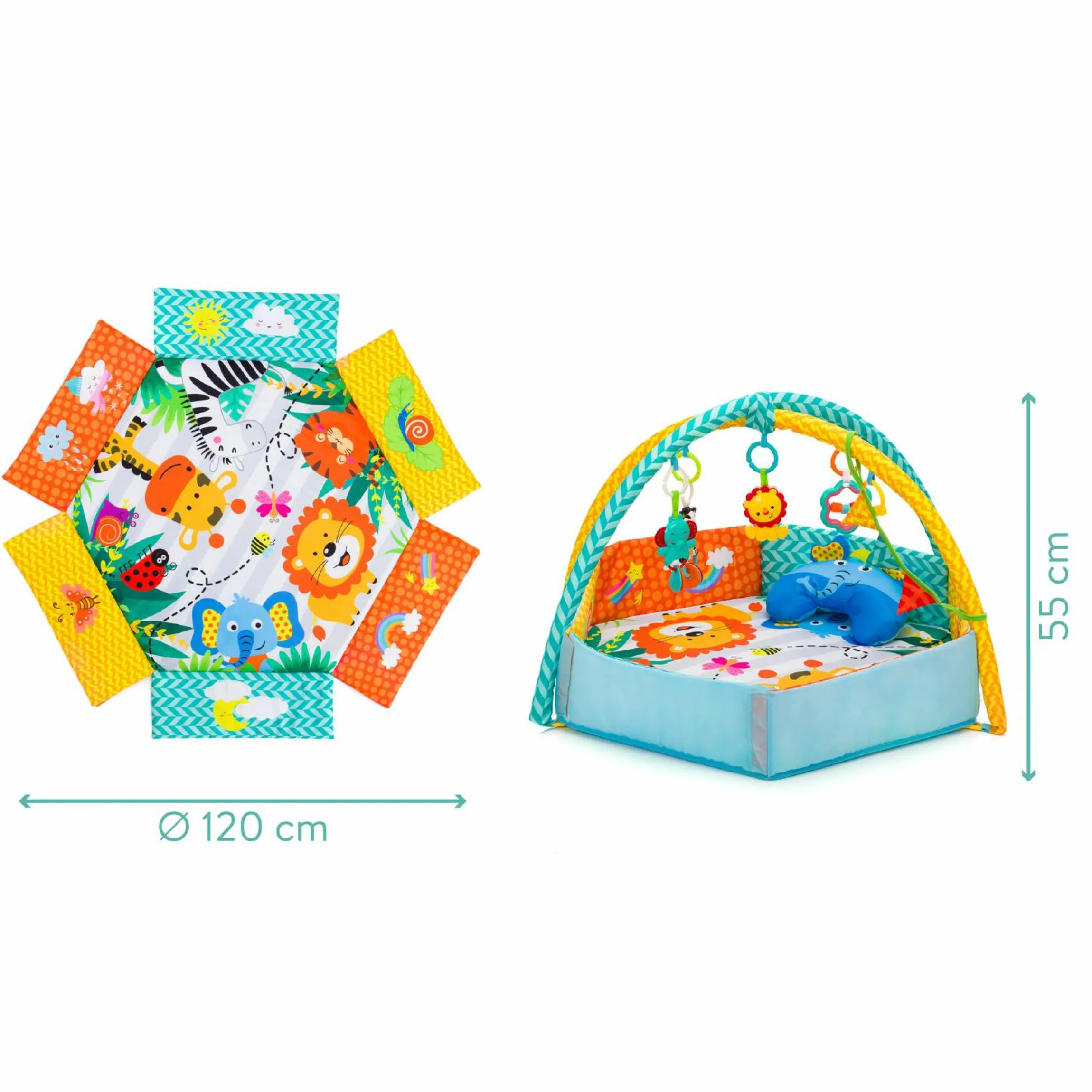 Aktivbogen-Spielmatte mit 30 Bällen, 4 Greiffiguren & Polster 120 x 100 cm - Bunt