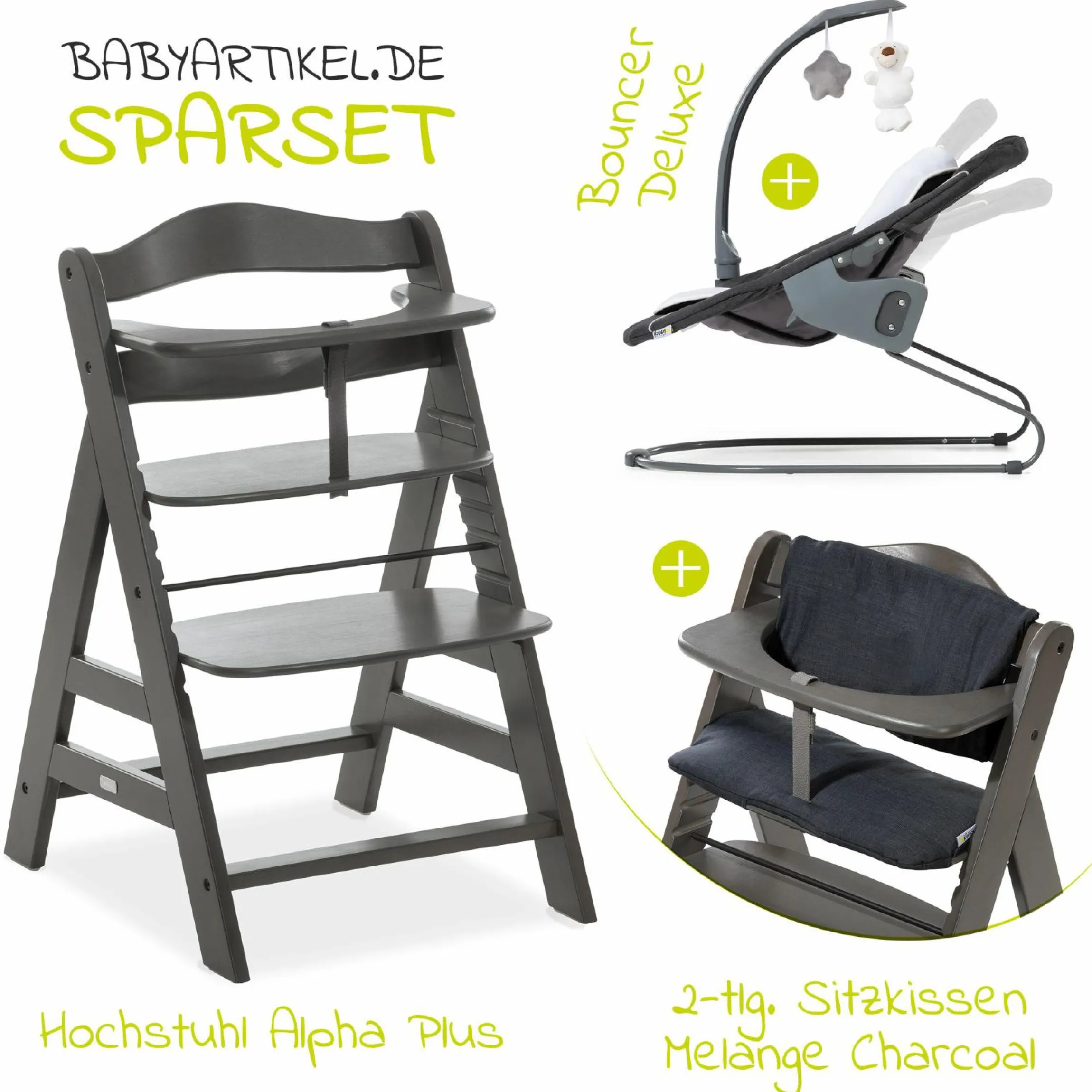 Alpha Charcoal Selectline Newborn Set Deluxe - 4-tlg. Hochstuhl + 2in1 Neugeborenenaufsatz (verstellbar) + Sitzpolster