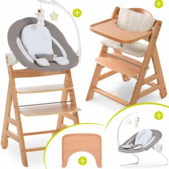 Alpha Move Natur Newborn Set - 5-tlg. Hochstuhl + Aufsatz & Wippe Deluxe, Essbrett, Sitzkissen - Sand