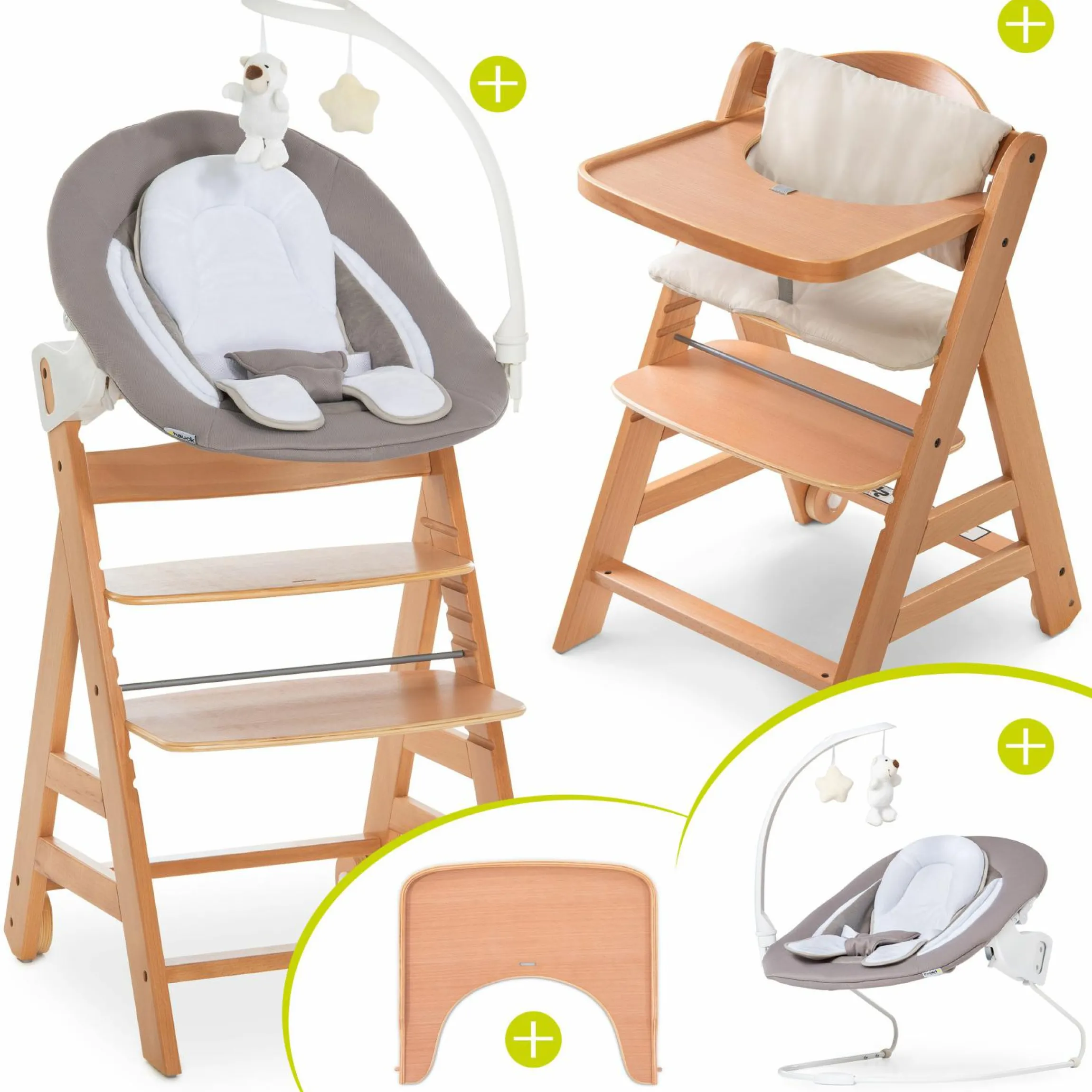 Alpha Move Natur Newborn Set - 5-tlg. Hochstuhl + Aufsatz & Wippe Deluxe, Essbrett, Sitzkissen - Sand