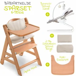 Alpha Move Natur Newborn Set - 5-tlg. Hochstuhl + Aufsatz & Wippe Deluxe, Essbrett, Sitzkissen - Sand