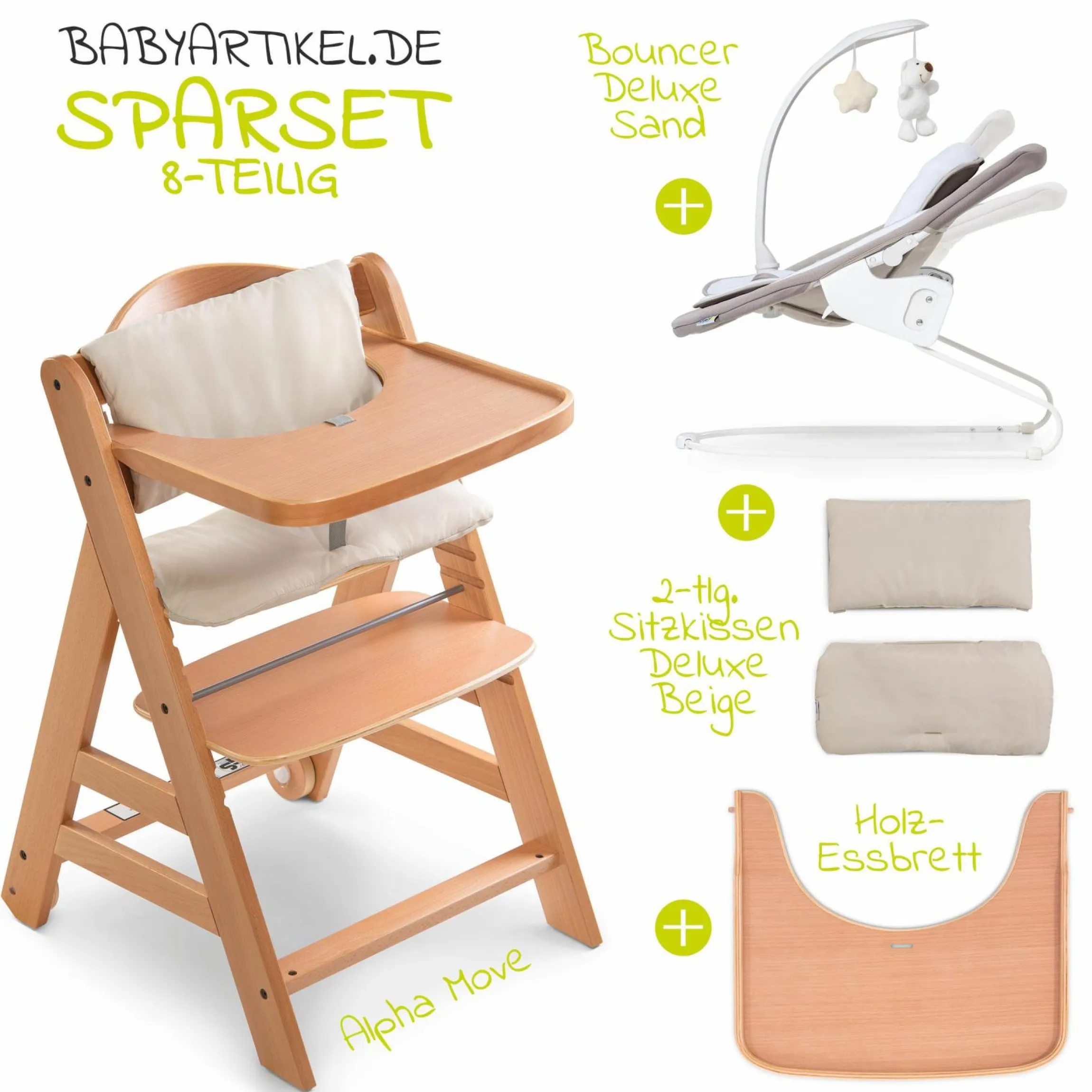 Alpha Move Natur Newborn Set - 5-tlg. Hochstuhl + Aufsatz & Wippe Deluxe, Essbrett, Sitzkissen - Sand