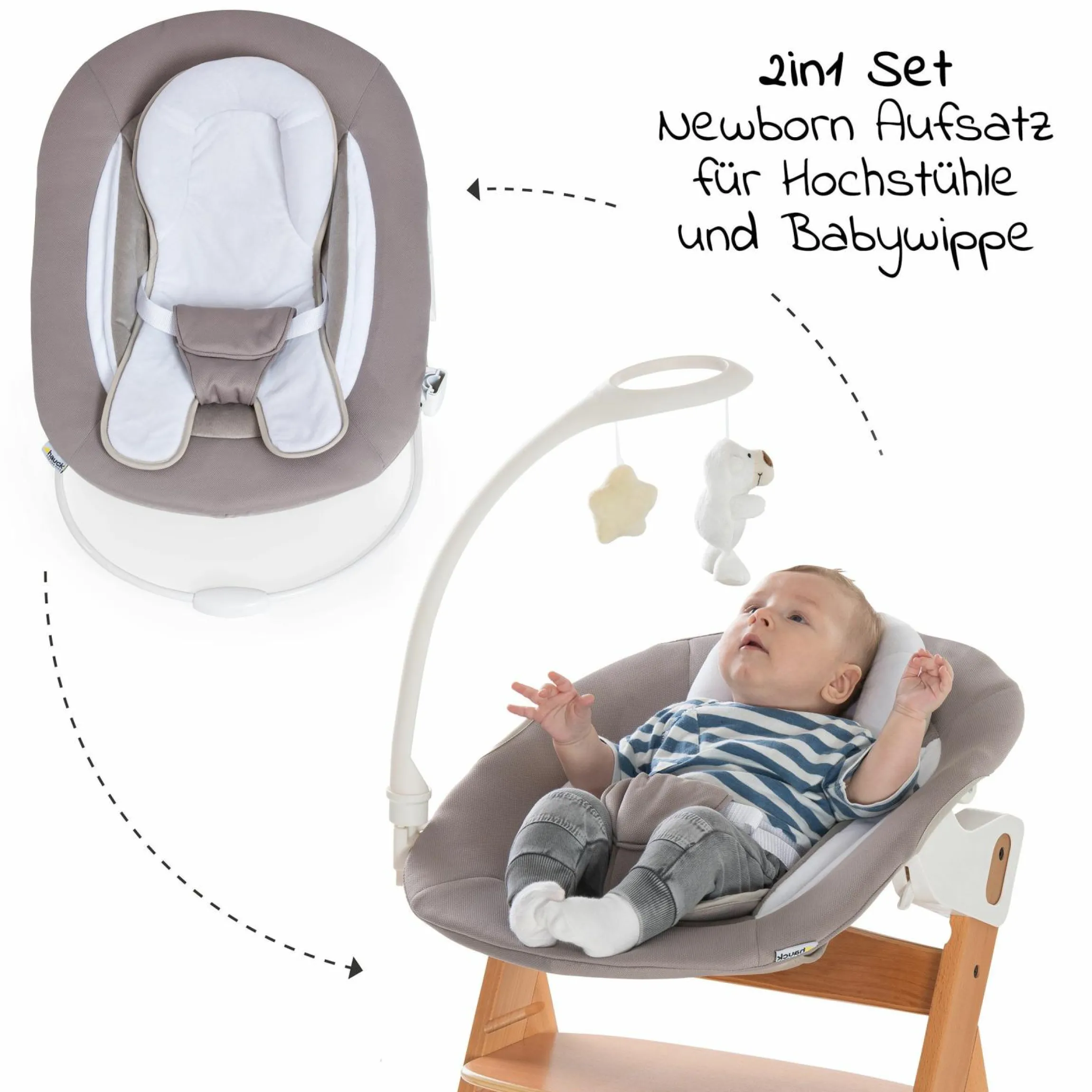 Alpha Move Natur Newborn Set - 5-tlg. Hochstuhl + Aufsatz & Wippe Deluxe, Essbrett, Sitzkissen - Sand