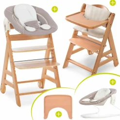 Alpha Move Natur Newborn Set - 5-tlg. Hochstuhl + Aufsatz & Wippe, Essbrett, Sitzkissen - Stretch Beige