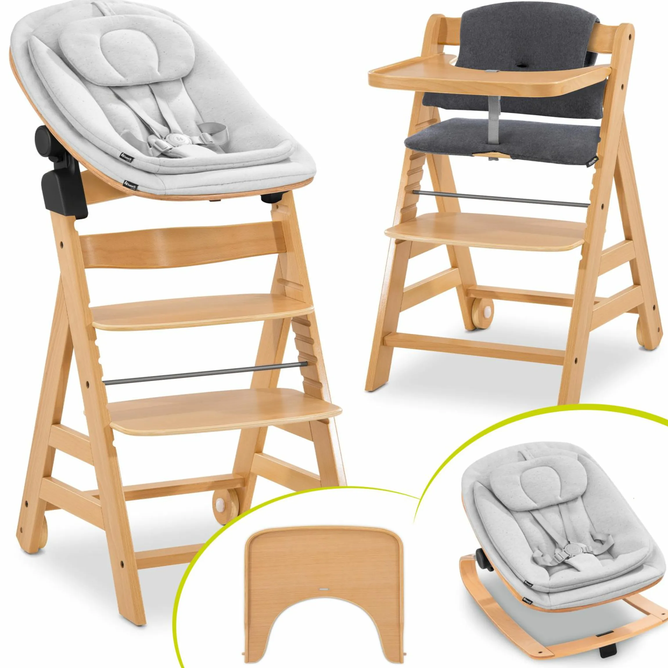 Alpha Move Natur 5-tlg. Newborn Set Eco - Hochstuhl + 2in1 Babyaufsatz & Wippe + Essbrett + Sitzkissen - Light Grey / Charcoal